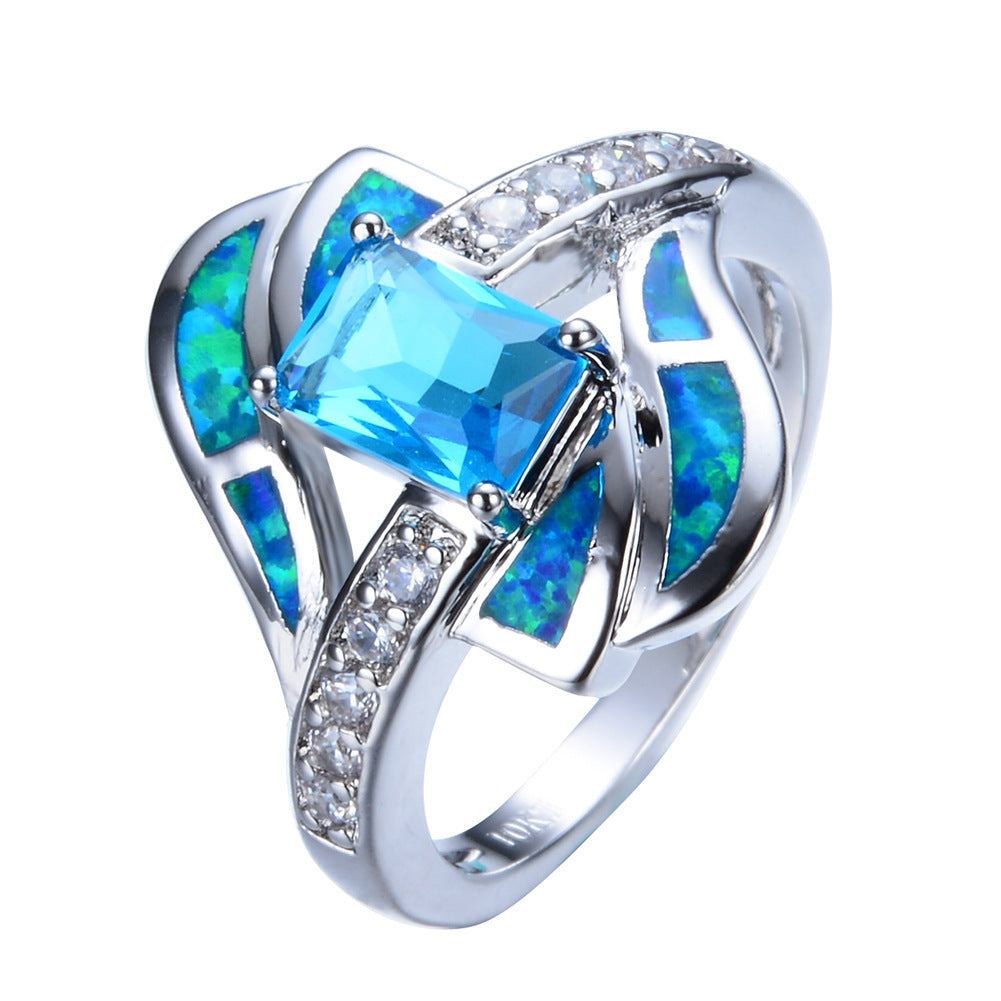 Anillo de Boda de Ópalo Azul y Diamante para Mujer