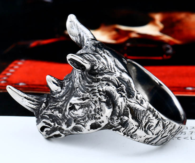 Anillo Retro de Cabeza de Rinoceronte en Acero Inoxidable para Hombre