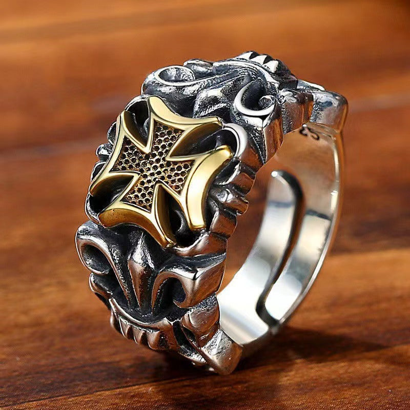 Anillo de Hombre Vintage Punk de Cruz y Ancla en Plata Tailandesa