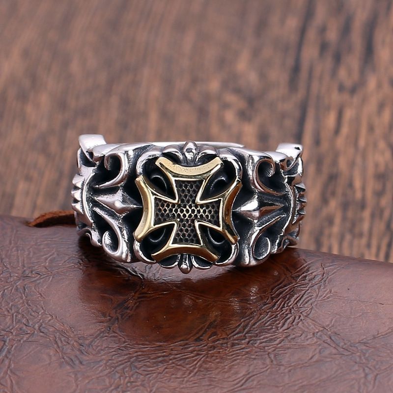 Anillo de Hombre Vintage Punk de Cruz y Ancla en Plata Tailandesa