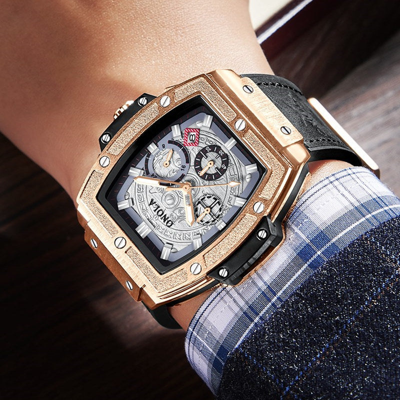 # Reloj de Cuarzo Multifunción Impermeable para Hombre con Correa de Cuero