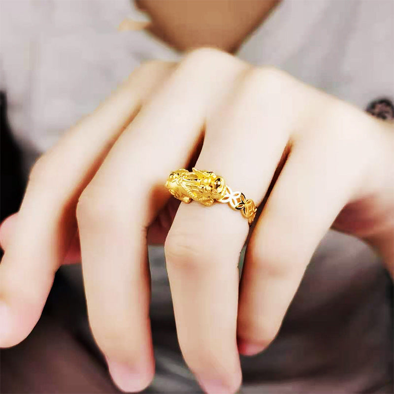 🍀 Anillo Pixiu de la Fortuna Chañado en Oro ✨
