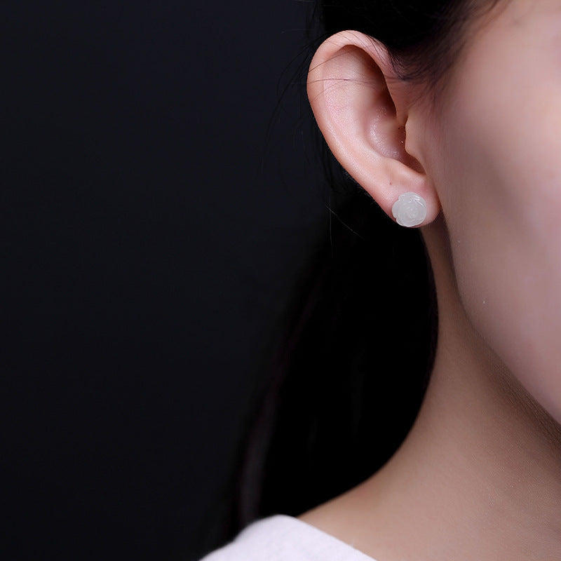Pendientes de Jade Blanco y Rosa de Plata S925 para Mujer