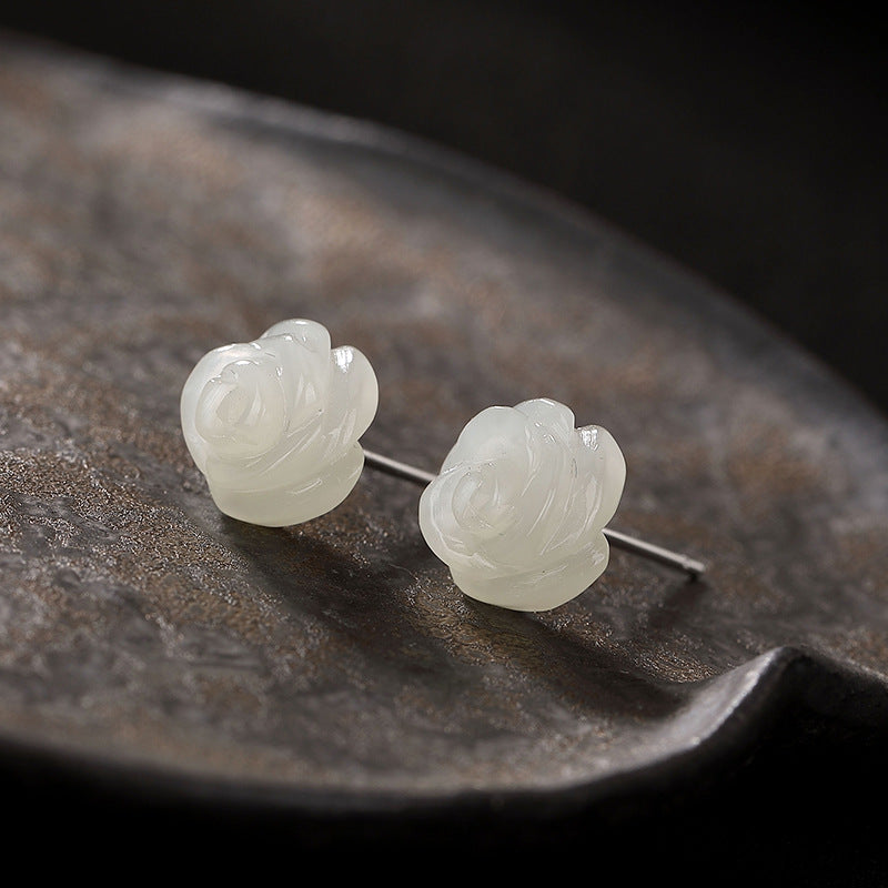 Pendientes de Jade Blanco y Rosa de Plata S925 para Mujer