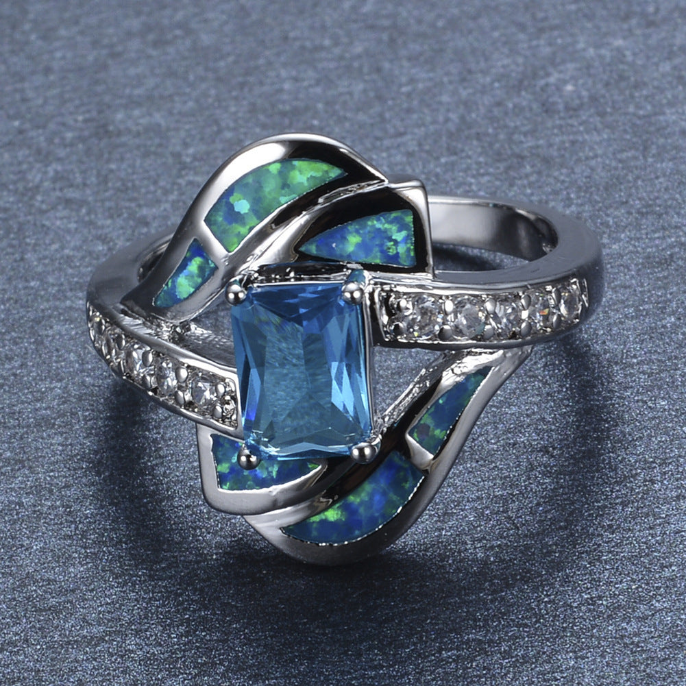 Anillo de Boda de Ópalo Azul y Diamante para Mujer