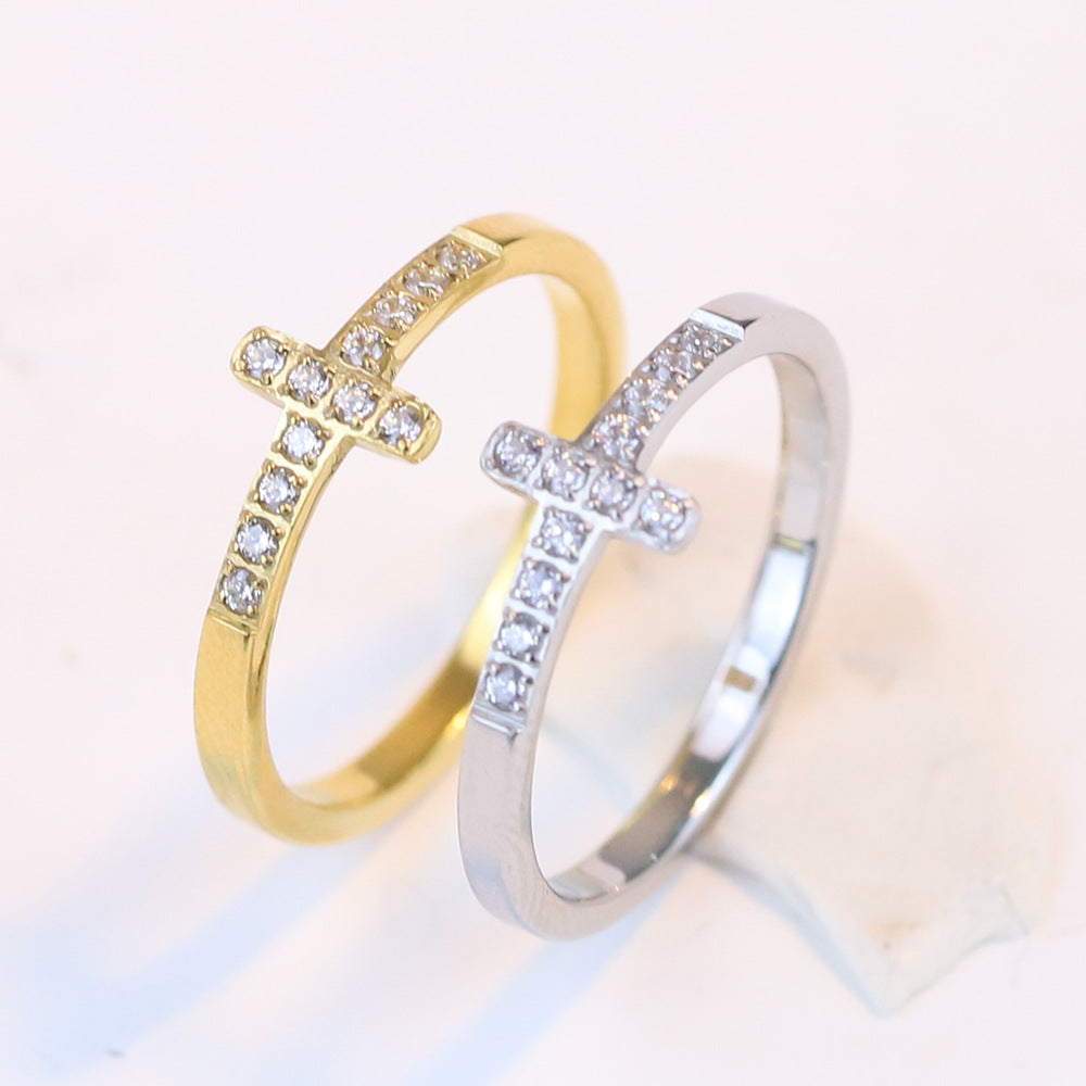 Anillo de Cruz en Acero Titanio 304 con Diamante