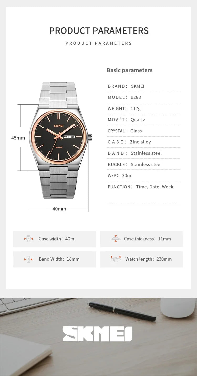 Reloj SKMEI 9288 de Cuarzo con Correa de Acero Inoxidable ⌚✨