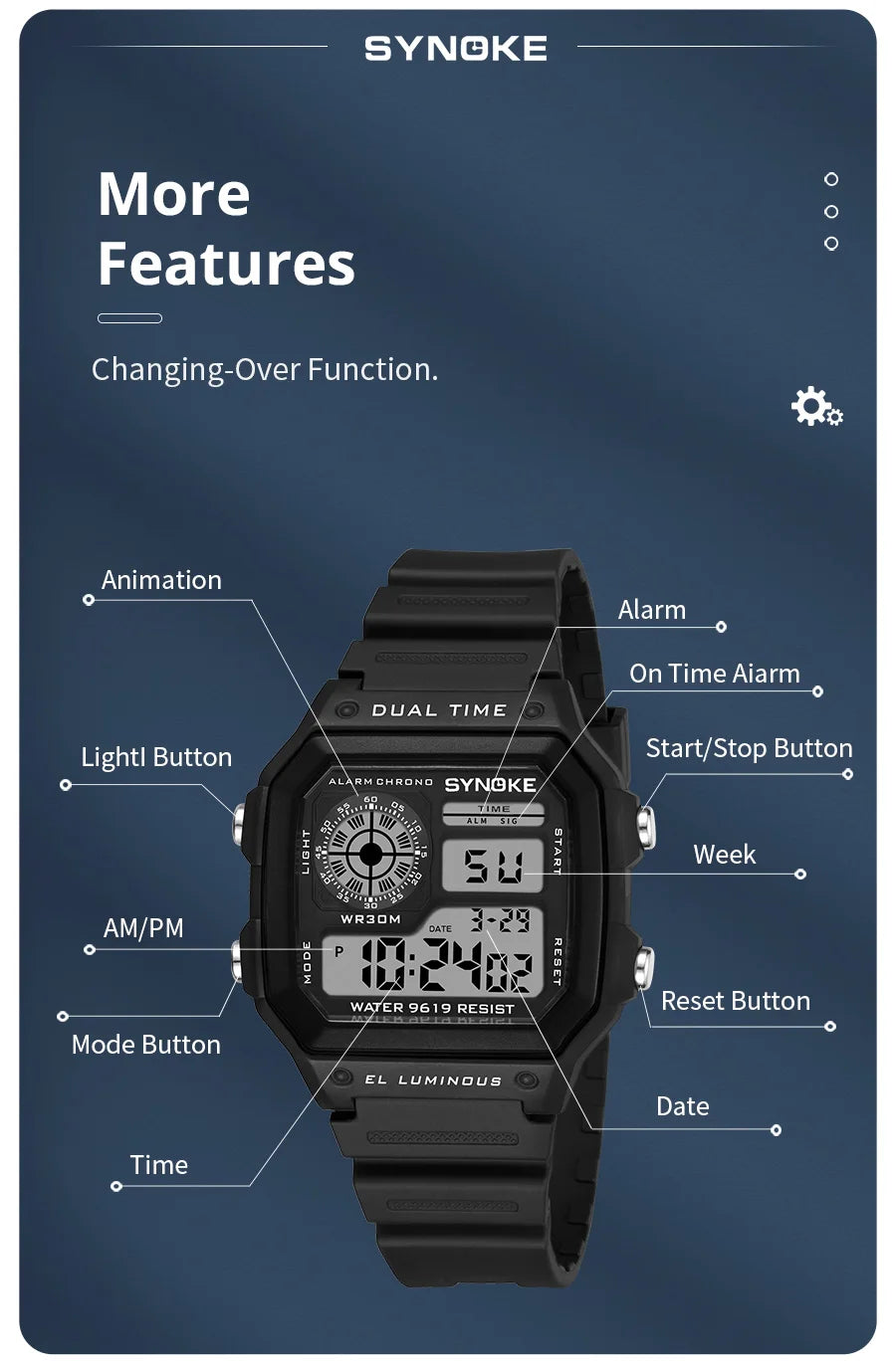 Reloj Digital SYNOKE 9619 — Pantalla Táctil Deportiva