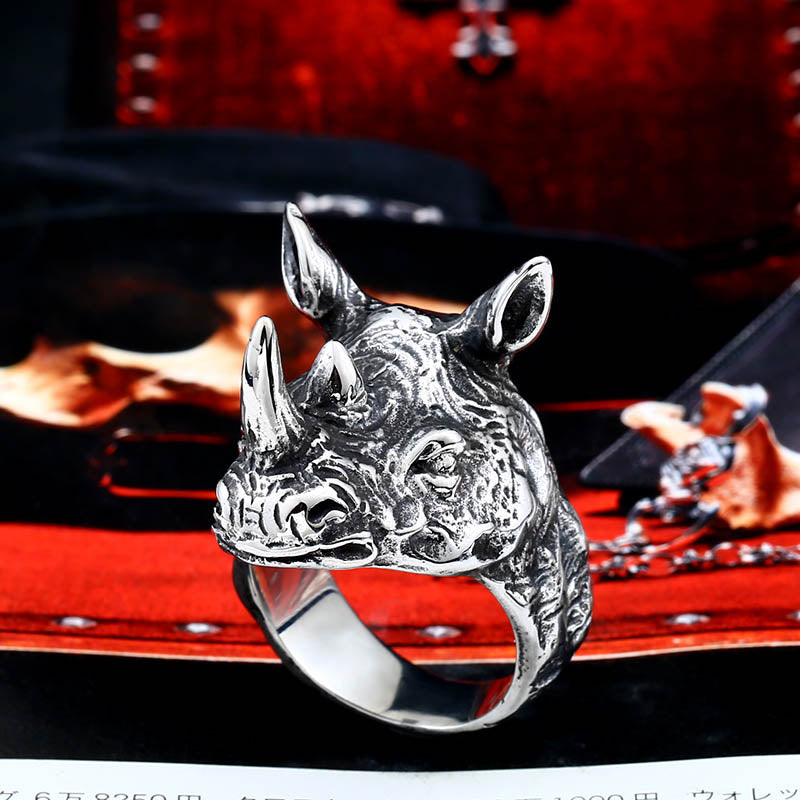 Anillo Retro de Cabeza de Rinoceronte en Acero Inoxidable para Hombre