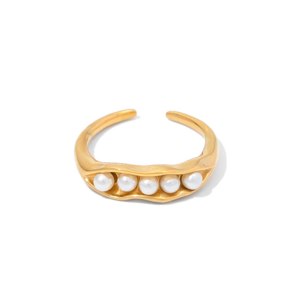 Anillo Ajustable de Acero Inoxidable Diseño Vaina de Guisante con Perla Blanca