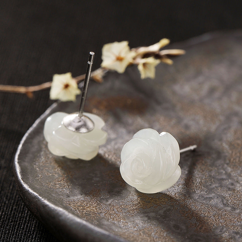 Pendientes de Jade Blanco y Rosa de Plata S925 para Mujer