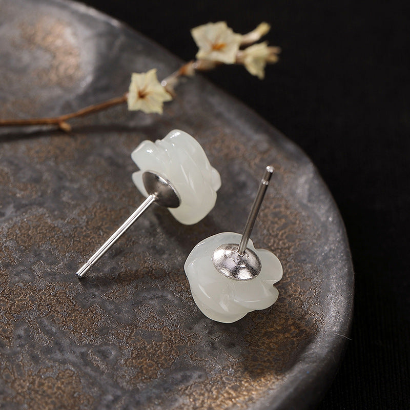 Pendientes de Jade Blanco y Rosa de Plata S925 para Mujer