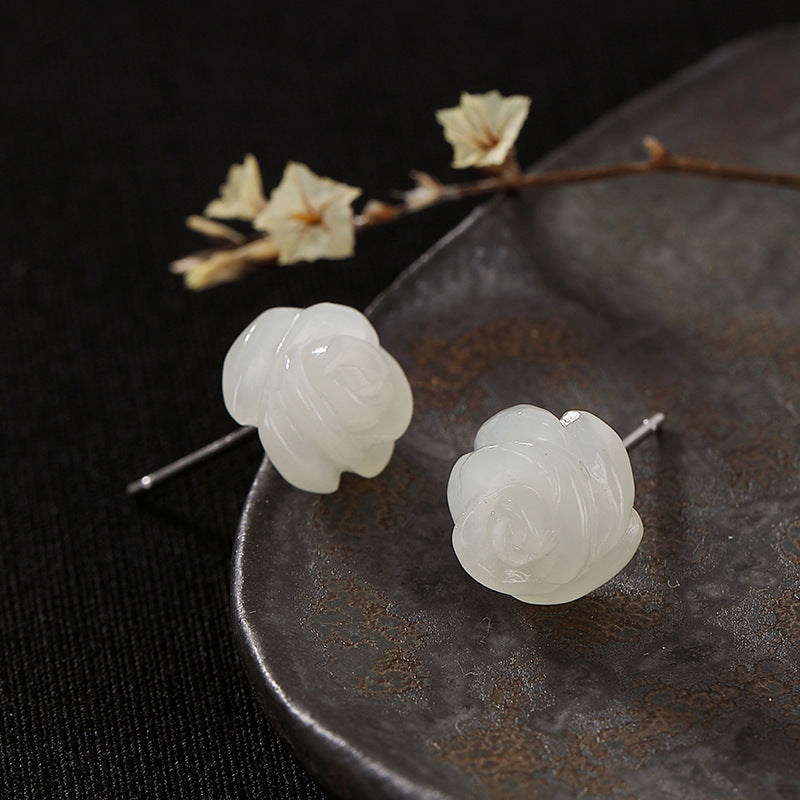 Pendientes de Jade Blanco y Rosa de Plata S925 para Mujer