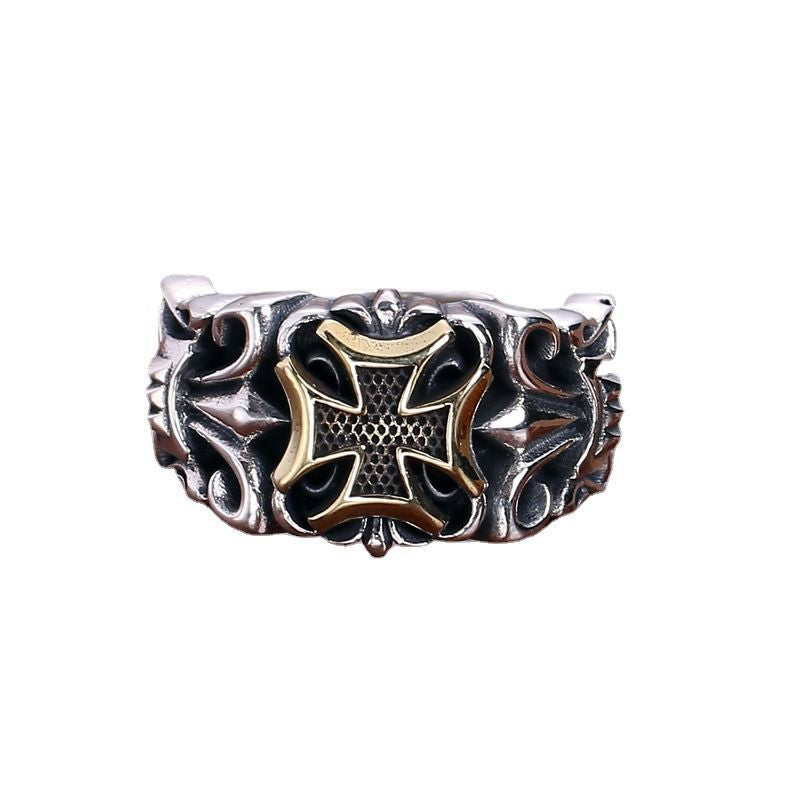 Anillo de Hombre Vintage Punk de Cruz y Ancla en Plata Tailandesa