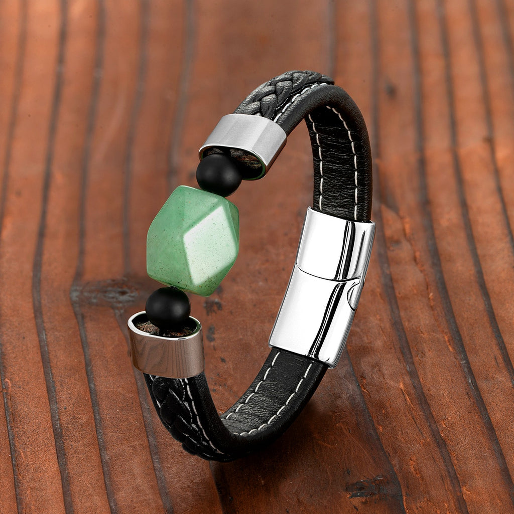 Pulsera de Ágata Natural con Acero Inoxidable y Cordón de Cuero