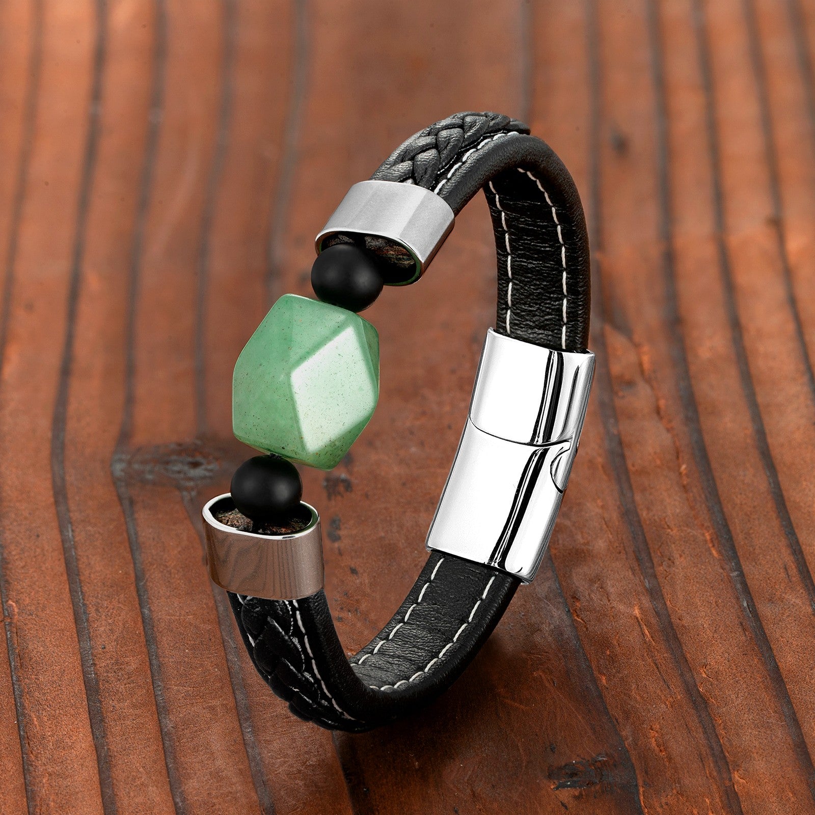 Pulsera de Ágata Natural con Acero Inoxidable y Cordón de Cuero
