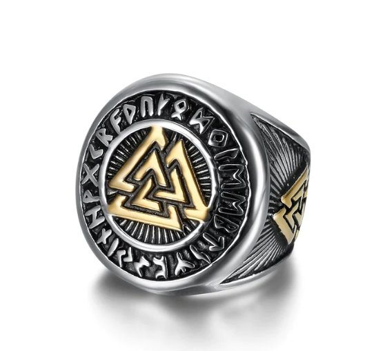 ⛅ Anillo Regalia Beowulf Valknut y Runas Bicolor ✨